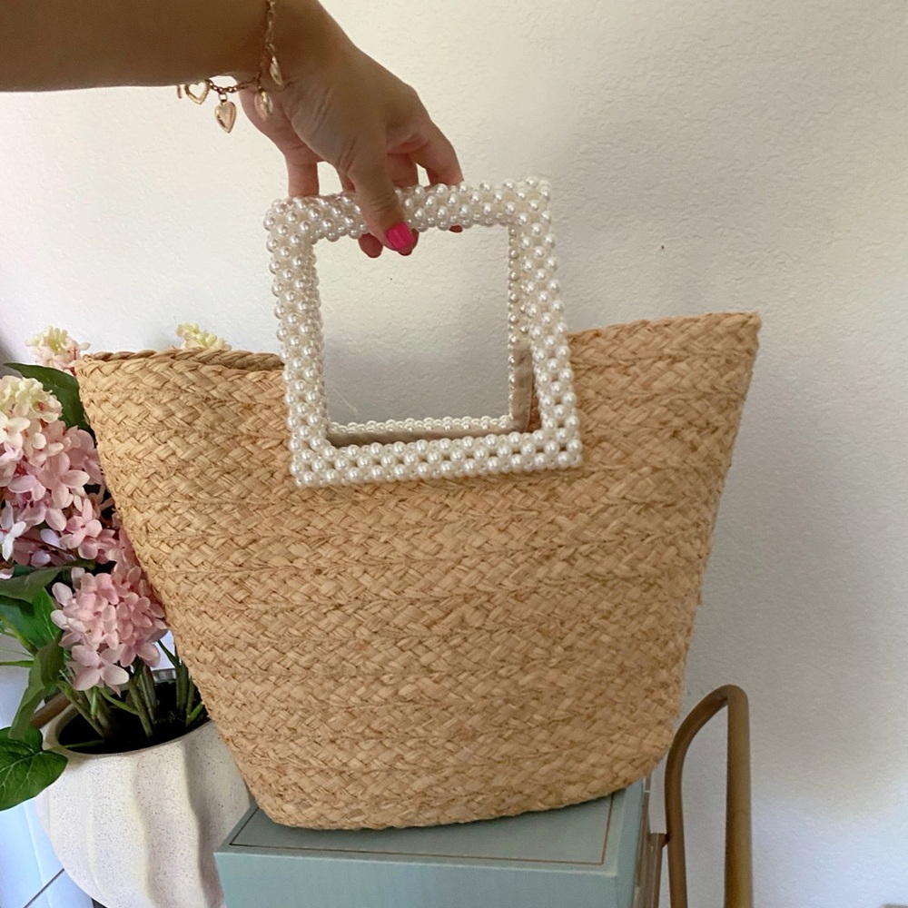 Tan Woven Tote with Pearl Handles - Picture 3 of 3